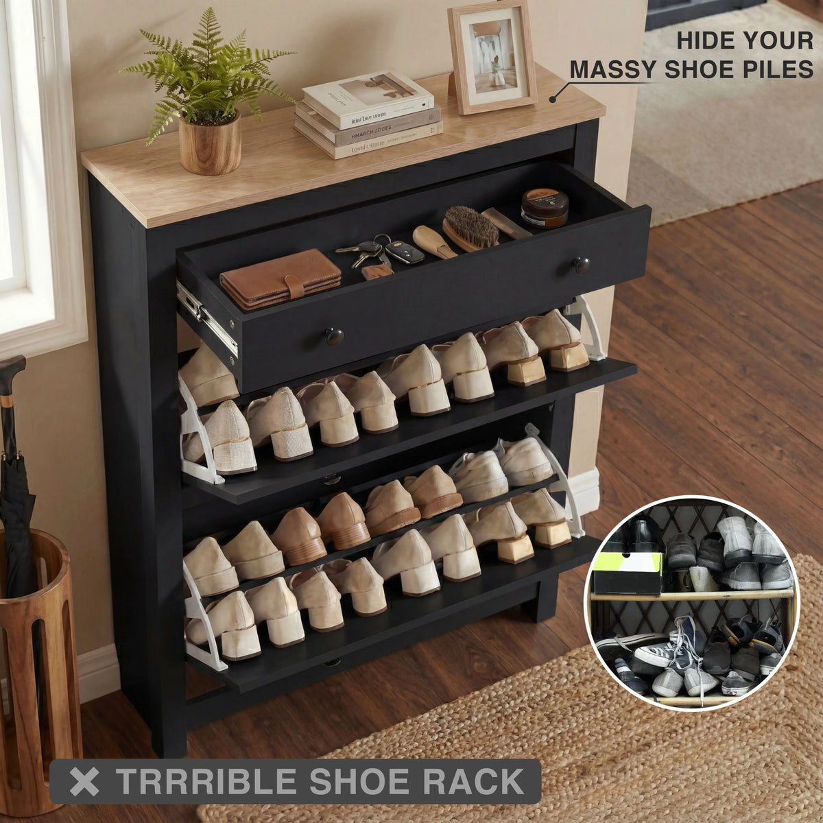 2 Door Shoe Cabinet with Drawer – Slim Hallway Storage Unit
