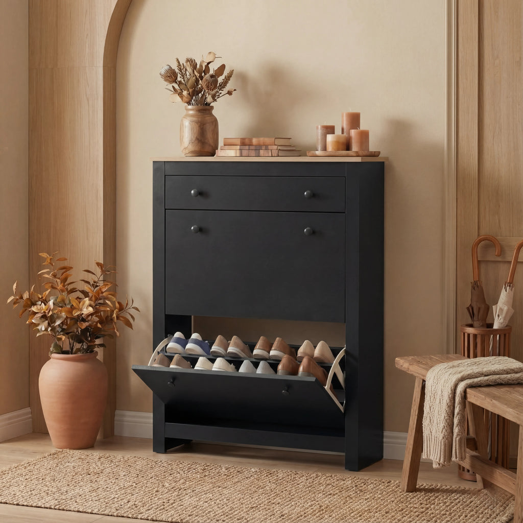 2 Door Shoe Cabinet with Drawer – Slim Hallway Storage Unit
