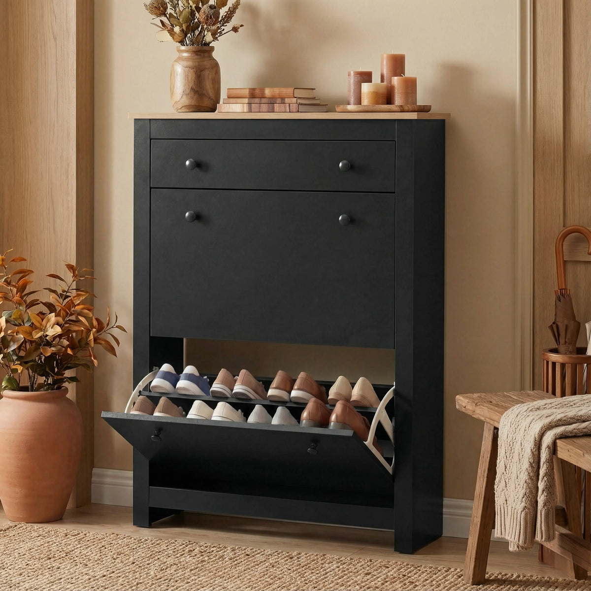 [White] All compartments open showing top drawer with everyday accessories and both flip-down doors filled with shoes