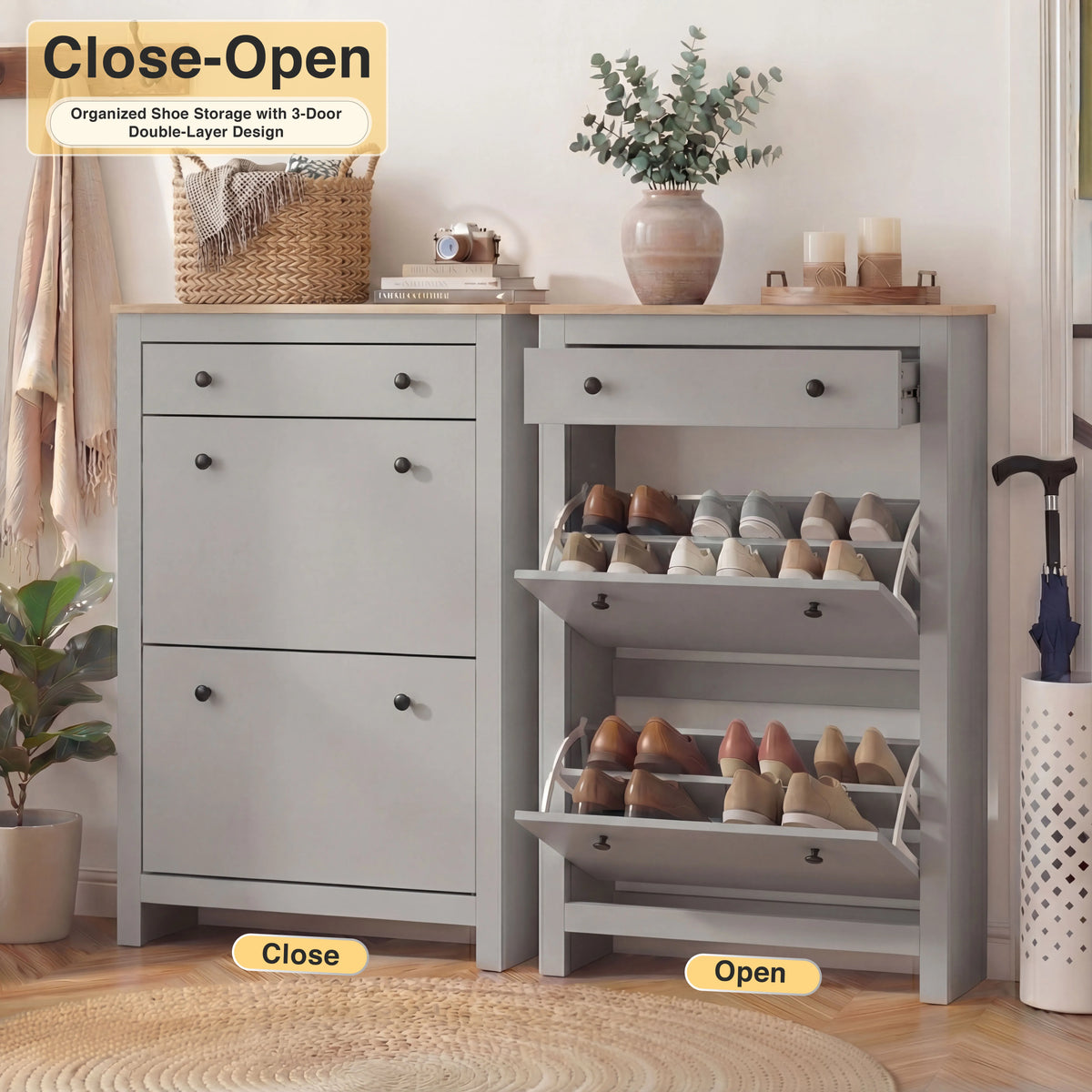 2 Door Shoe Cabinet with Drawer – Slim Hallway Storage Unit