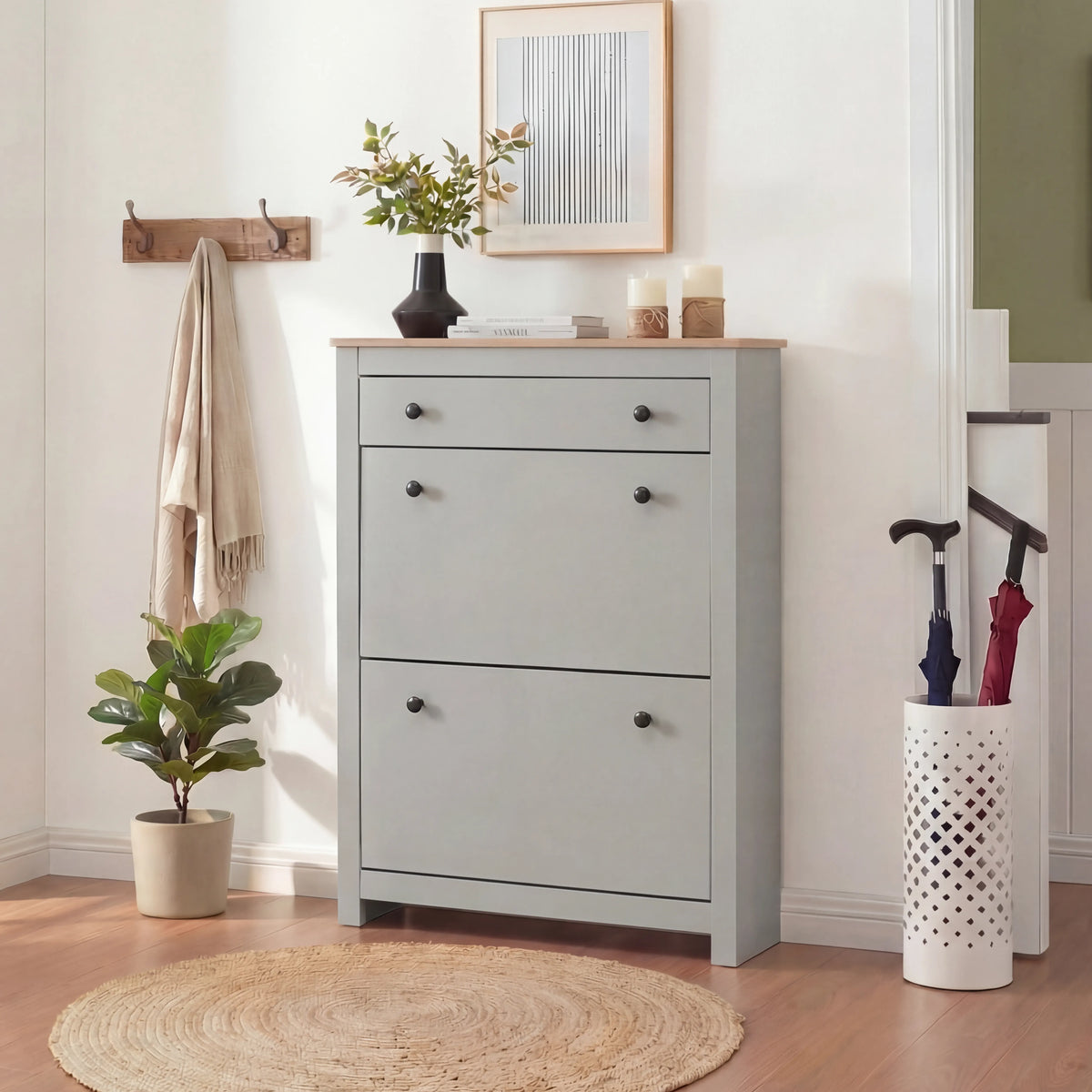 2 Door Shoe Cabinet with Drawer – Slim Hallway Storage Unit