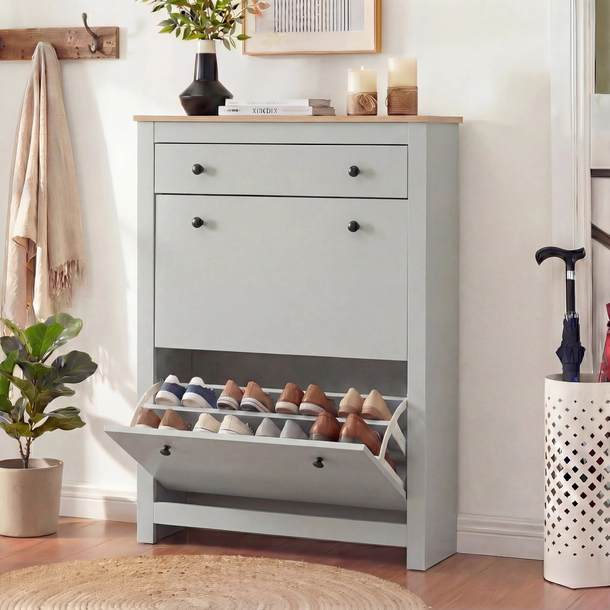 [White] Before and after style comparison showing shoe cabinet doors closed vs open with organised shoe storage
