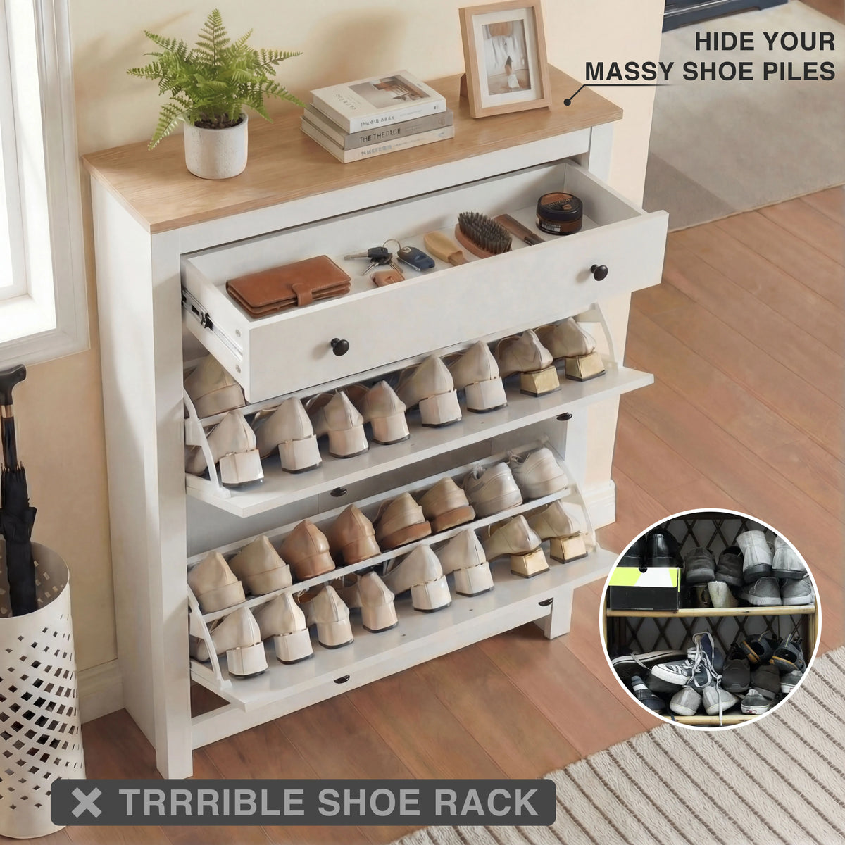 2 Door Shoe Cabinet with Drawer – Slim Hallway Storage Unit