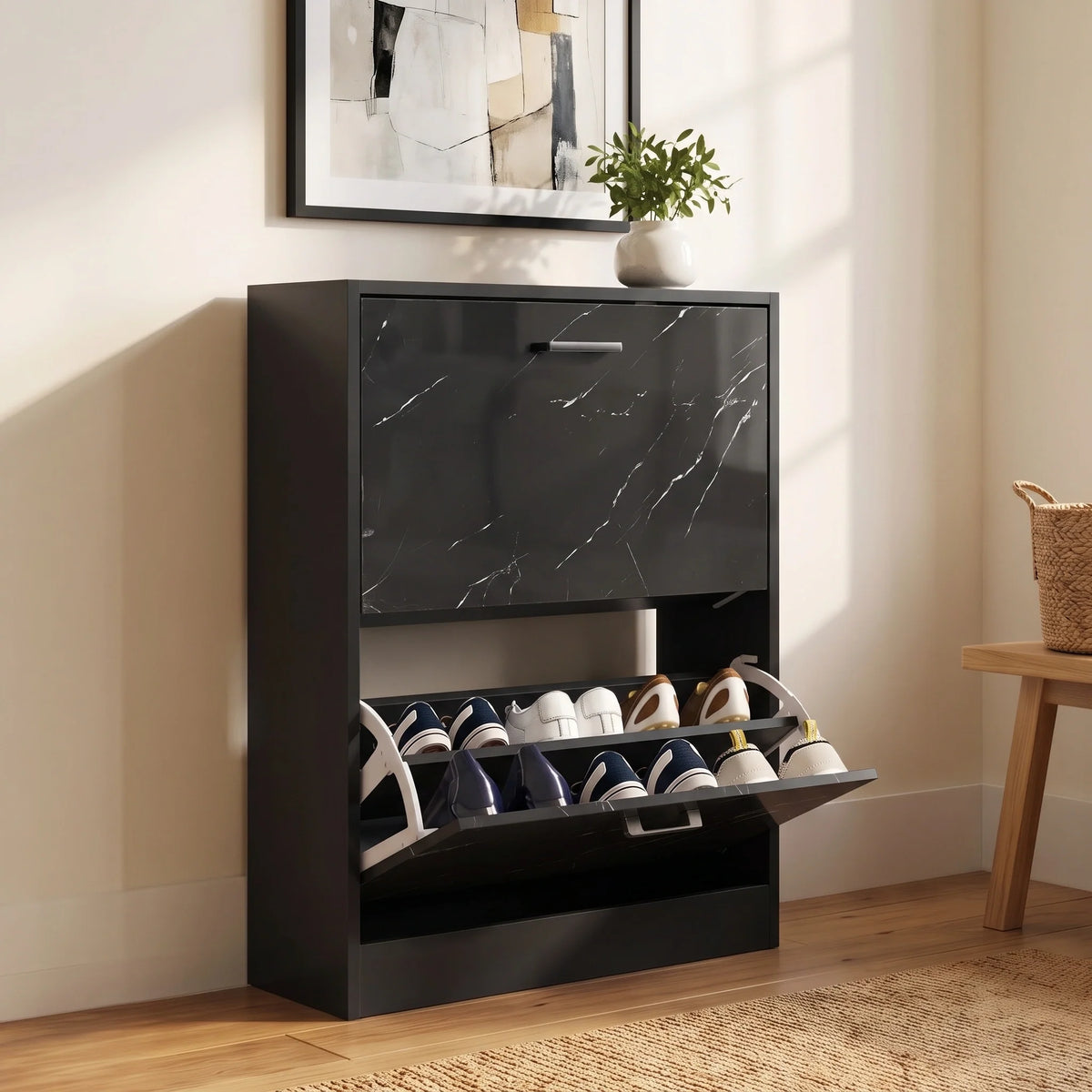 [White] Designed for tight entrances this slim shoe cabinet for the hallway features a pull-down drawer open with 6 pair of shoes inside.