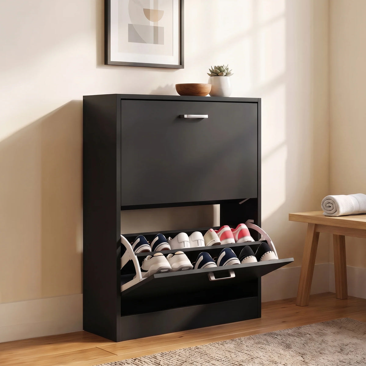 [White] Dimensions of slim shoe cabinet in white with side profile: width 60 cm, depth 24 cm, and height 80 cm.