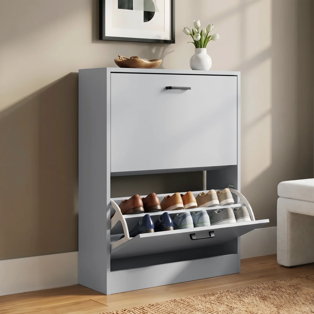 [White] Slim white shoe cabinet panel callout marks two adjustable rack positions, flats above and heels below