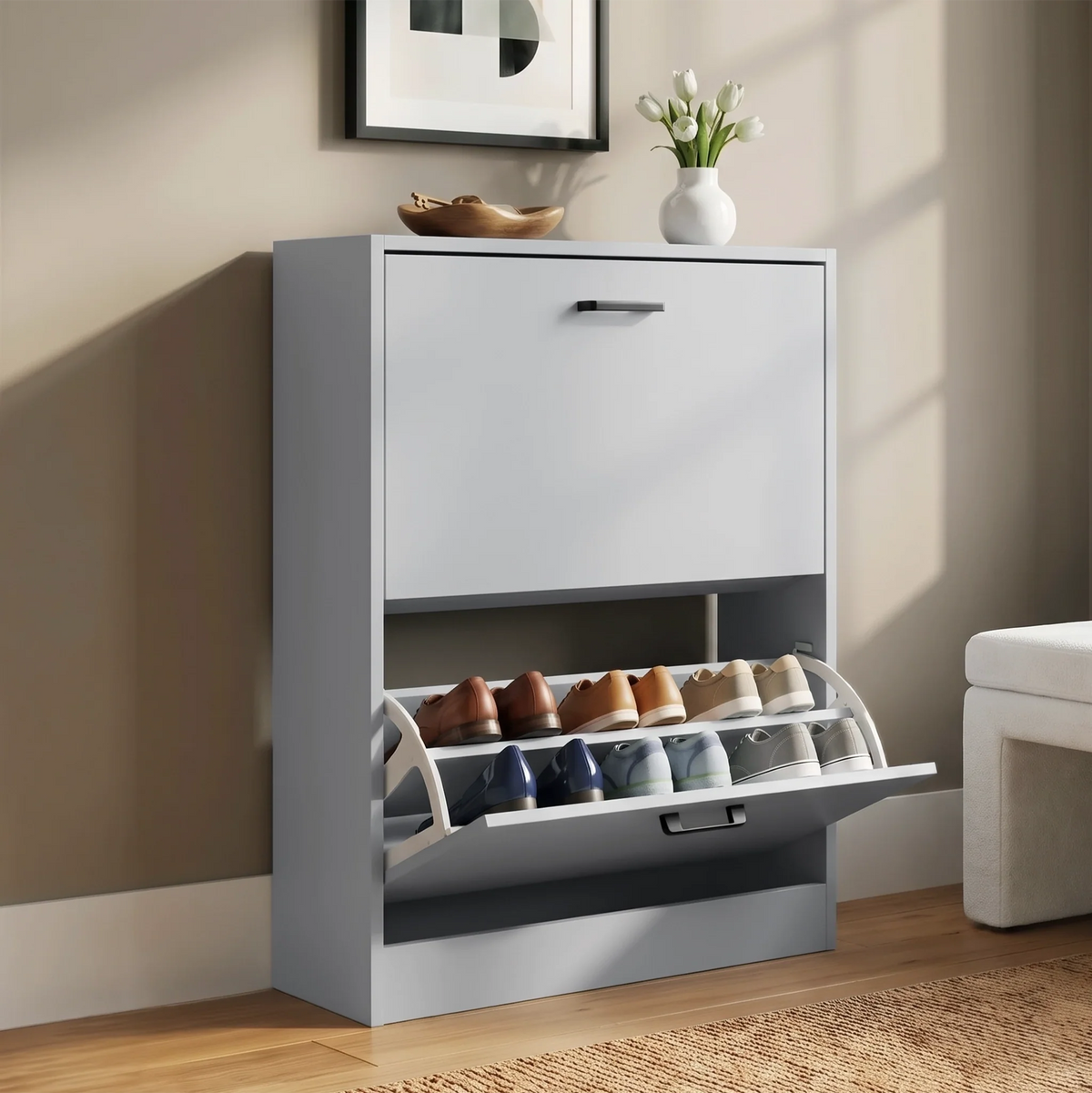 [White] Slim white shoe cabinet panel callout marks two adjustable rack positions, flats above and heels below